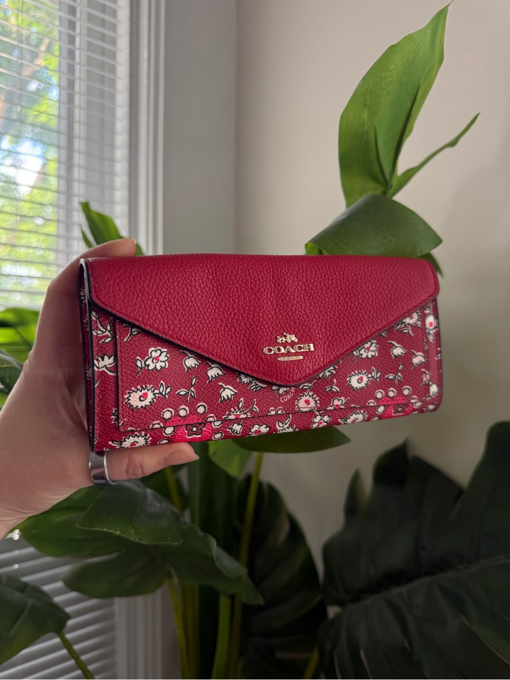 Coach Pink Floral Envelope Wallet with Gold Logo